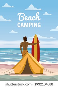Beach Camping. Surfer with surfboard, tent camping on the tropical beach, palms. Summer vacation coastline beach sea, ocean, surfing, travel