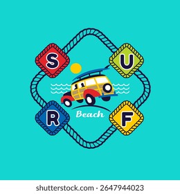 beach car carrying a surfboard, Animal Cartoon, Flat Vector Illustration