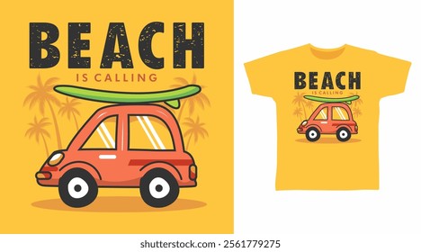 Beach car hand drawn illustration, vector ready for print on t-shirt and other uses.