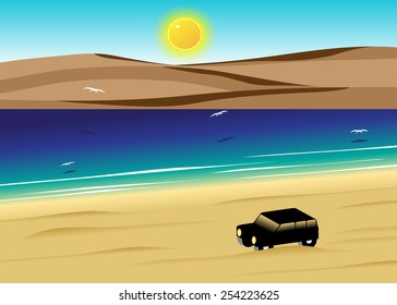  A beach and the car overlooking dunes