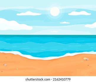 beach cartoon background. Print for postcard, packaging. Seascape. Sandy beach, heavenly vacation by the sea or by the ocean. Sun is at its zenith. Clouds on blue sky. Vector illustration, flat