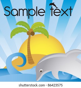 beach cartoon with dolphin and palm background. vector