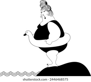 Playa. Mujer gorda de la historieta con salvavidas de pie cerca del agua. 
Mujer nadadora de dibujos animados con salvavidas en la orilla. Ilustración en blanco y negro 
