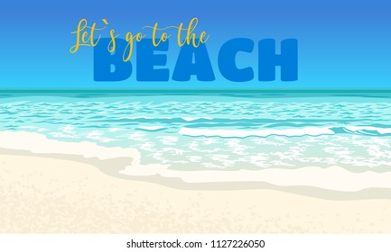 Beach cartoon illustration with lettering typography. Azure blue sea, surf waves, white sand, beautiful scenery of ocean shore. Lagoon, bay, coast line, horizon, water splash, vector design element. 