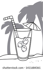 beach cartoon round label in black and white