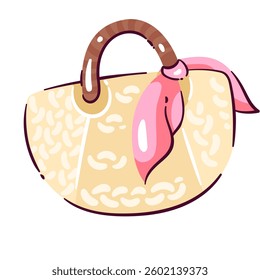 Beach cartoon round wicker bag with pink ribbon on wooden handle. Circular bamboo eco handbag for tropical vacation and picnic. Summer accessory mascot, cartoon cute bag vector illustration