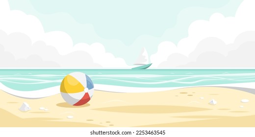 Beach cartoon scene, Ball on sand beach with calm sea view, Vector illustration.