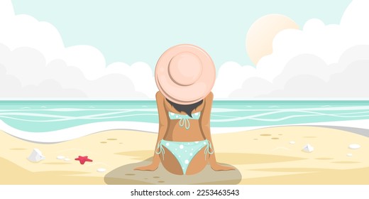 Beach cartoon scene, woman sitting on sand beach with calm sea view, Vector illustration.