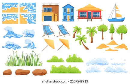 Playa. Kit de paisaje soleado con palmeras de playa y montañas. Diseño de fondo vectorial exótico