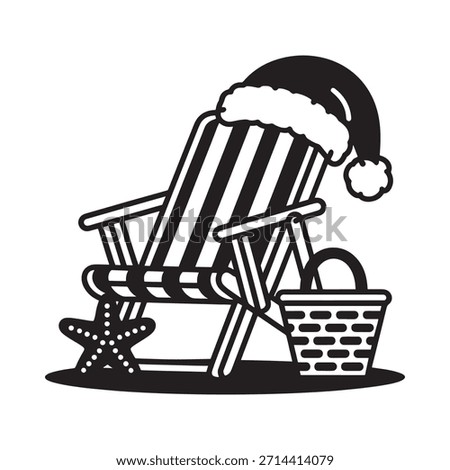 A beach chair adorned with a santa hat and summer accessories