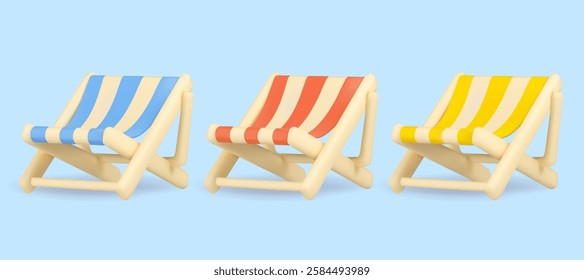 Beach chair cartoon vector 3d icon set. Collection of striped sun lounger isolated on blue background. Deck armchair, tropical vacation concept