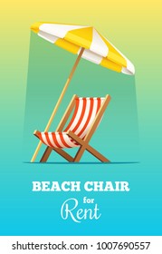 Beach chair or chaise-longue and umbrella for rent. Vector summer illustration