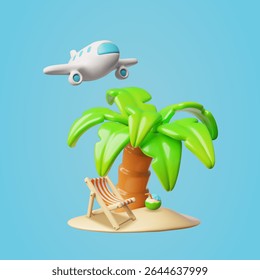 Beach chair and coconut cocktail on tropic island with palm tree 3D plastic style vector illustration. Realistic airplane flight. Cartoon vacation resort. Summer holiday. Time to travel concept