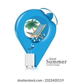 Silla de playa o tumbona, voleibol, salvavidas, paraguas de playa, equipajes todo en la parte superior y azul lateral para el diseño de publicidad de viajes de verano, vector 3d aislado en fondo blanco para el diseño