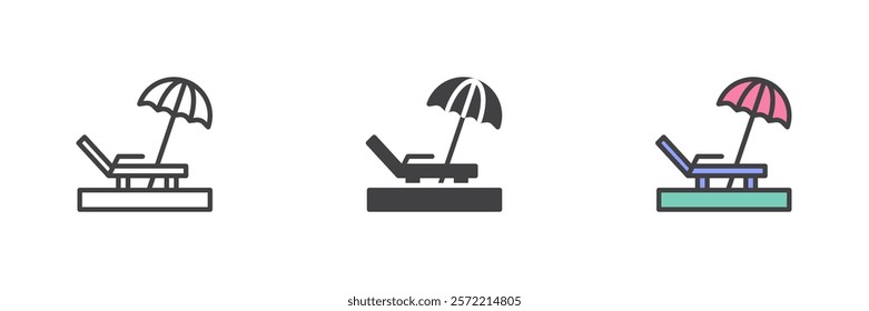 Beach chair different style icon set. Line, glyph and filled outline colorful version, outline and filled vector sign. Sunbed and parasol symbol, logo illustration. Vector graphics