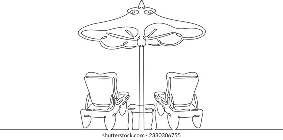 Beach chair. Folding chair on the beach under an umbrella. Rest on the sea. Linear.One continuous line drawn isolated, white background.