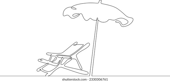 Beach chair. Folding chair on the beach under an umbrella. Rest on the sea. Linear.One continuous line drawn isolated, white background.