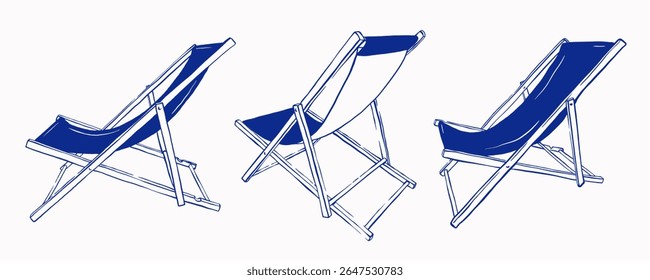 Beach chair hand drawn sketches set vector illustration. Outdoor folding furniture collection for patio, pool and deck. Summer vibe aesthetic drawing.