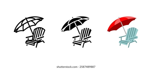 Beach chair icon. Umbrella and sunshade sign. Summer relaxation symbol. Tropical vacation pictogram. Seaside lounge illustration. Resort leisure concept.