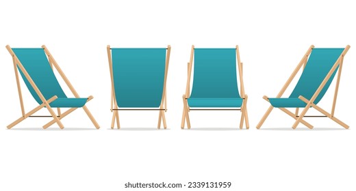 Beach chair or lounge chair in various points of view for summer. Armchair or sling chair in front, back, side angles. Furniture for outdoor in flat icon design. Vector illustration.