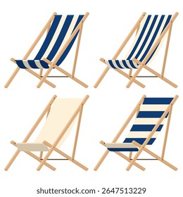 Cadeira de praia ou cadeira lounge em vários estilos para o verão, camping ou viagens de negócios. Poltrona ou cadeira de tipoia na frente. Móveis para exterior em design de ícone plano. Ilustração vetorial.