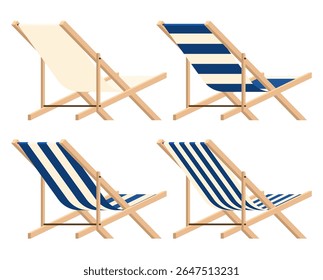 Cadeira de praia ou cadeira lounge em vários estilos para o verão, camping ou viagens de negócios. Poltrona ou cadeira de tipoia na frente. Móveis para exterior em design de ícone plano. Ilustração vetorial.
