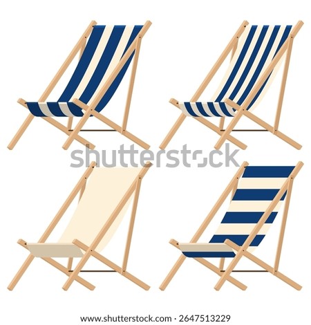 Beach chair or lounge chair in various style for summer, camping or travel business. Armchair or sling chair in front. Furniture for outdoor in flat icon design. Vector illustration.