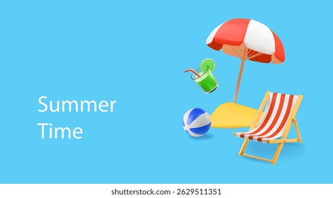 Beach chair lounger with umbrella on blue background. Summer vacation by the sea. Summer time concept, ocean resort, tropical beach for tourist. Vector illustration