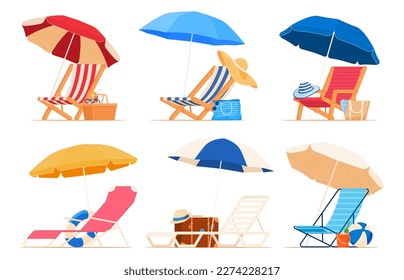 Beach chair lounger with umbrella. Summer vacation by the sea. Warm summer sunny days on vacation. Vector illustration
