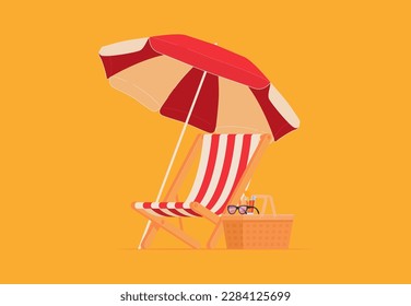 Tumbona de playa con paraguas. Vacaciones de verano junto al mar. Calurosos días soleados de verano en vacaciones. Ilustración del vector