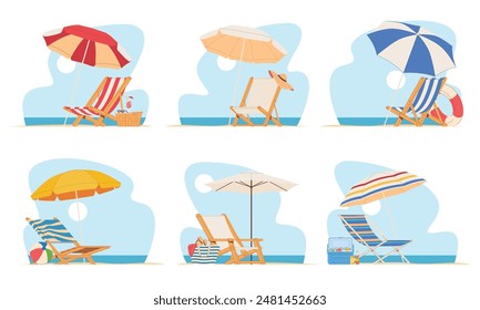 Beach chair lounger with umbrella. Summer vacation by the sea. Warm summer sunny days on vacation. Vector illustration