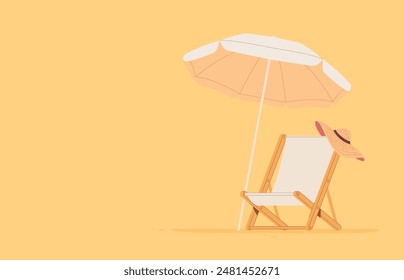 Beach chair lounger with umbrella. Summer vacation by the sea. Warm summer sunny days on vacation. Vector illustration