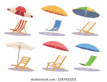 Beach chair lounger with umbrella. Summer vacation by the sea. Warm summer sunny days on vacation. Vector illustration