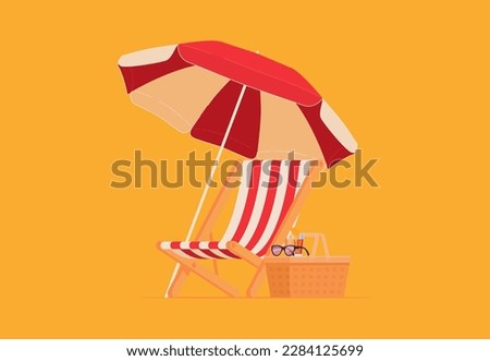 Beach chair lounger with umbrella. Summer vacation by the sea. Warm summer sunny days on vacation. Vector illustration