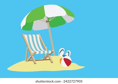 Beach chair on sand, slippers, ball and green and white umbrella, vector illustration on blue background. Travel concept and vacation at the sea.