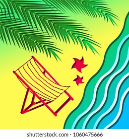 Beach chair and palm tree on the beach on a white background. Vector illustration.