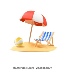 Beach Chair, Red Umbrella and yellow Ball, Summer sea holiday, travel concept 3d isolated vector