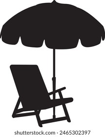 Beach Chair rest in sun in a black filled style. Summer vacation sunbed sign. Relaxation Lounger vector icon set