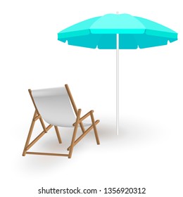 Beach chair with shadow and beach umbrella isolated on white. Wooden beach chaise longue and blue beach umbrella. Realistic summertime illustration. Vector template for your summertime design