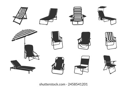 Beach chair silhouette, Summer beach chair silhouette, Folding beach chairs silhouette.