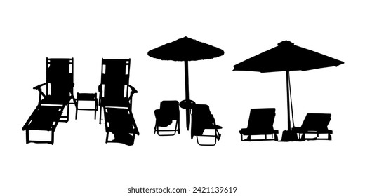 Beach chair silhouette vector suitable for various designs related to summer, vacation, holiday, travel, tourism, tropical, relaxation, resort, umbrella, recreation, outdoor and seaside themes. 