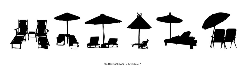 Beach chair silhouette vector suitable for various designs related to summer, vacation, holiday, travel, tourism, tropical, relaxation, resort, umbrella, recreation, outdoor and seaside themes. 