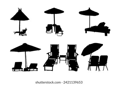 Beach chair silhouette vector suitable for various designs related to summer, vacation, holiday, travel, tourism, tropical, relaxation, resort, umbrella, recreation, outdoor and seaside themes. 