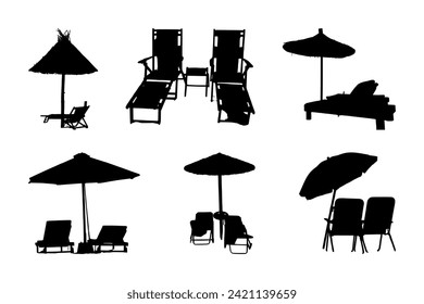 Beach chair silhouette vector suitable for various designs related to summer, vacation, holiday, travel, tourism, tropical, relaxation, resort, umbrella, recreation, outdoor and seaside themes. 