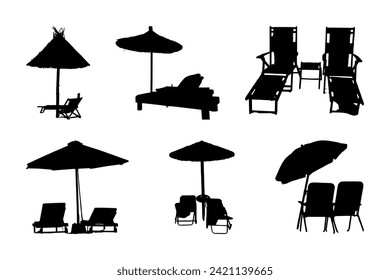 Beach chair silhouette vector suitable for various designs related to summer, vacation, holiday, travel, tourism, tropical, relaxation, resort, umbrella, recreation, outdoor and seaside themes. 