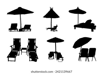 Beach chair silhouette vector suitable for various designs related to summer, vacation, holiday, travel, tourism, tropical, relaxation, resort, umbrella, recreation, outdoor and seaside themes. 