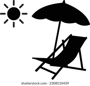 silla de playa con icono solar. letrero de la playa. tumbona y parasol. logotipo de la silla de playa. estilo plano. 