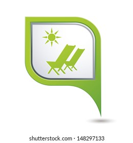 Beach chair with sun symbol on green map pointer, vector illustration.