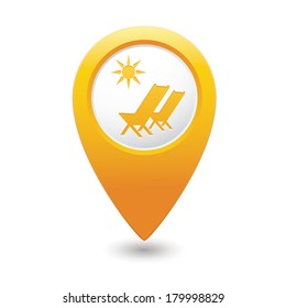 Beach chair with sun symbol on map pointer, vector illustration.