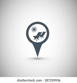 Beach chair with sun symbol on map pointer, vector illustration. 